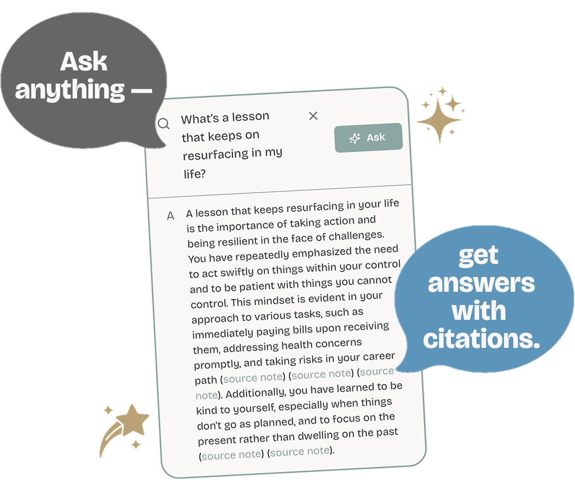 Ask answering “What’s a lesson that keeps on resurfacing in my life?” with an answer drawn from the writer’s own notes, every claim linked to its source note
