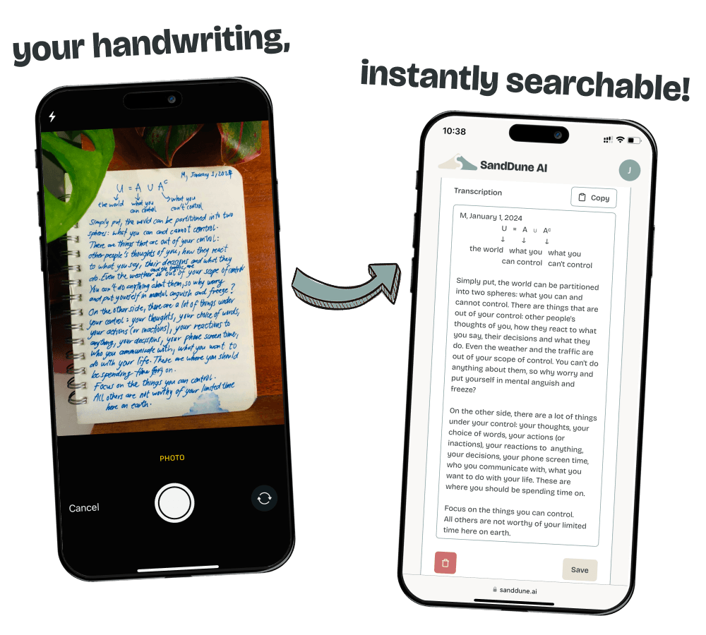 Two phones: one photographing a handwritten notebook page, the other showing that same page transcribed in SandDune — captioned “your handwriting, instantly searchable!”